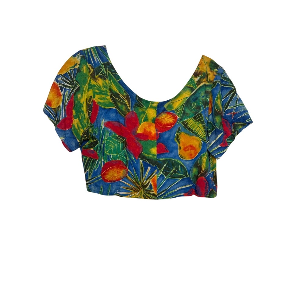 Vintage Style Tropical Floral Crop Top Short Sleeve Scoop Neck Multicolor no tag - Picture 4 of 4